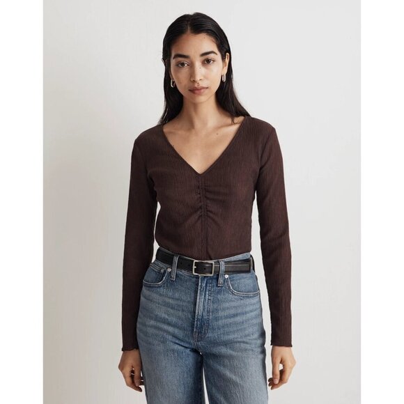 Madewell Semi-Sheer Shirred V-Neck Top in Chocolate Raisin XS mall New Womens - Picture 1 of 9